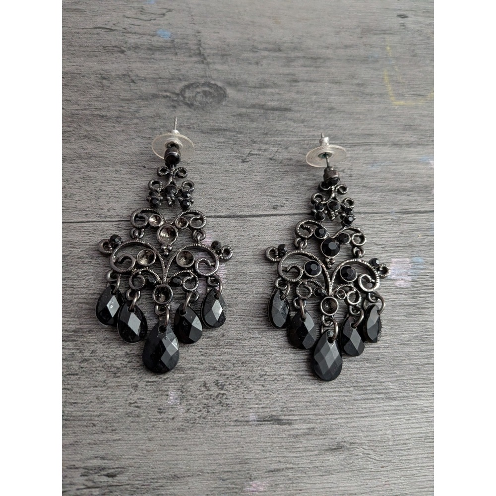 Gunmetal Black Crystal Chandelier Earrings Gothic Filigree Teardrop Statement